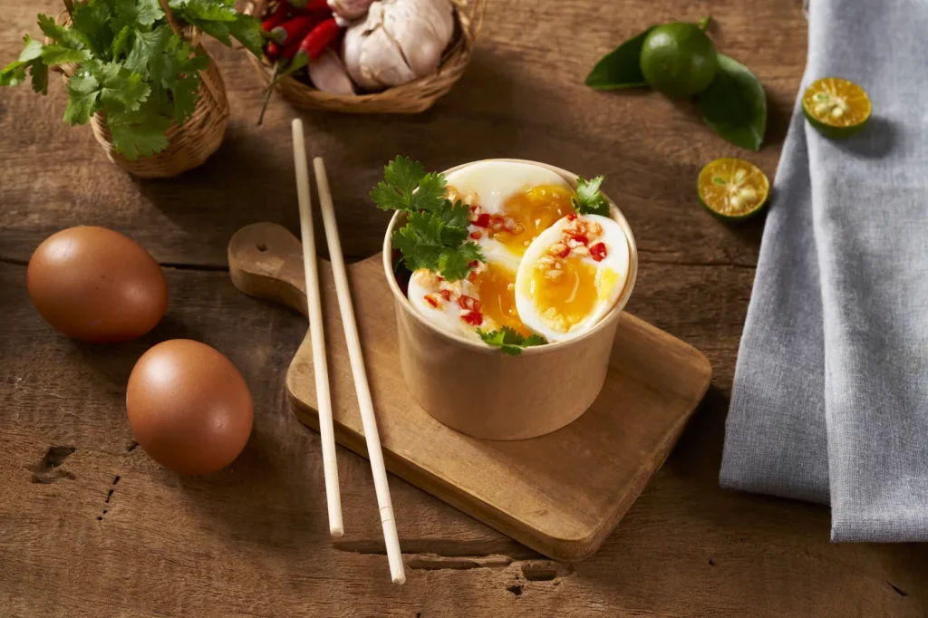 Cốc trứng lòng đào ngâm tương